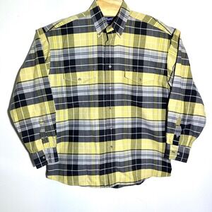 Vintage Wrangler Western Shirt Plaid Button Up Long Sleeve Yellow Gray Mens 16.5
